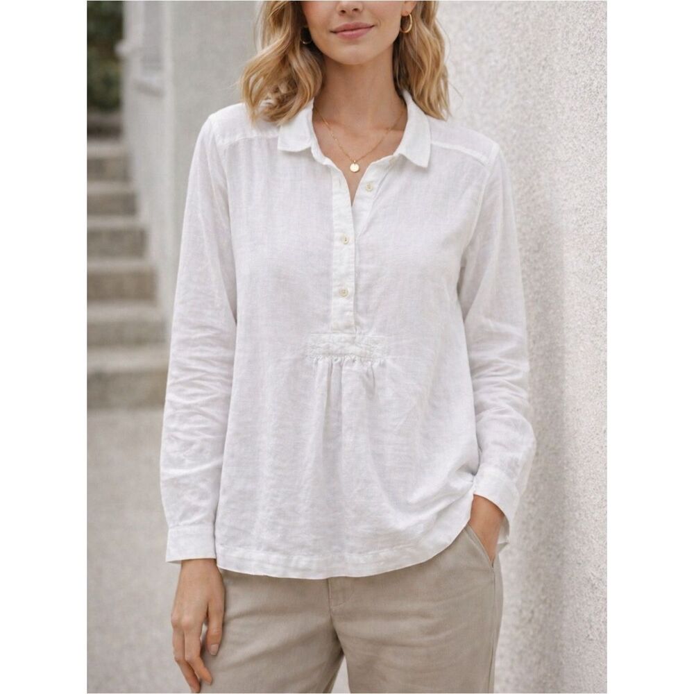 Poetry White Linen Lagenlook 1/2 Button Long Sleeve Shirt Top Size 8